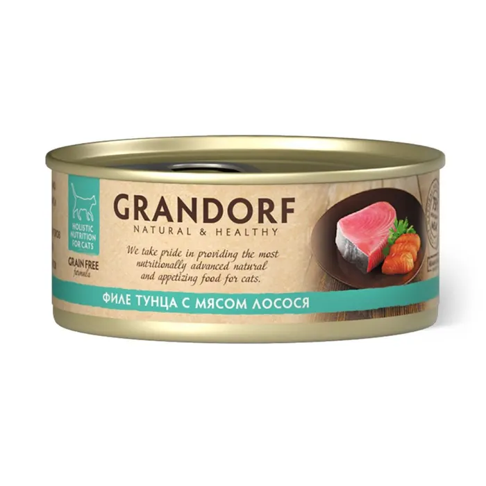 dsXeliqnuyqtIedJHzDncVJU7AKMBygG2CvGhL-QbRo= Корм для кошек GRANDORF филе тунца с мясом лосося в бульоне консервированный 70г — изображение 1