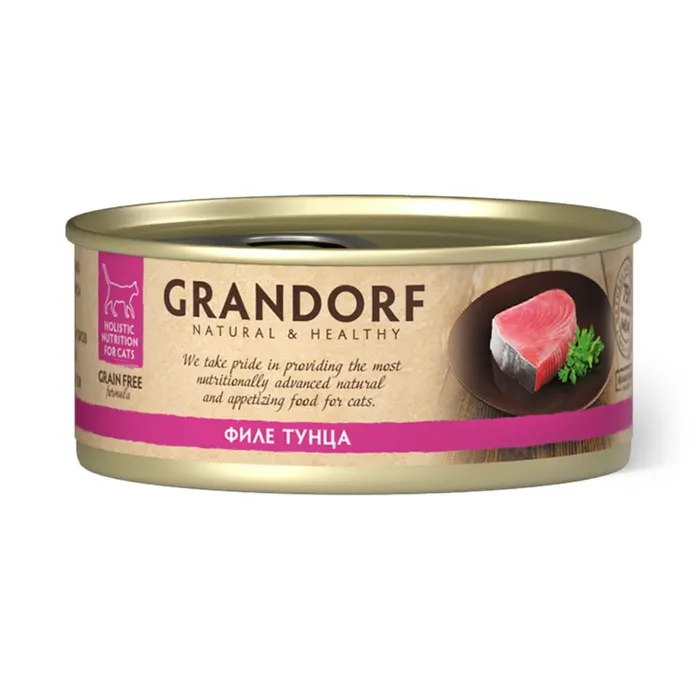 eaX1gvEnTt_FBHmEjMZpiabbM8eJn4Qe3APSrm84Tlo= Корм для кошек GRANDORF филе тунца в бульоне консервированный 70г — изображение 1